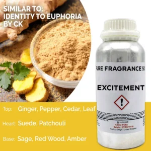 Flaska med Excitement ren doftolja 500 ml och ingredienser som ingefära och blad