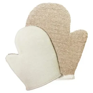 Två exfolierande badhandskar i jute och bomull, en ljus och en beige