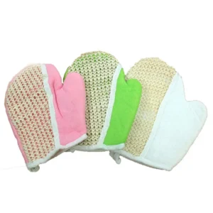 Tre exfolierande handskar i jute i rosa, grön och vit färg