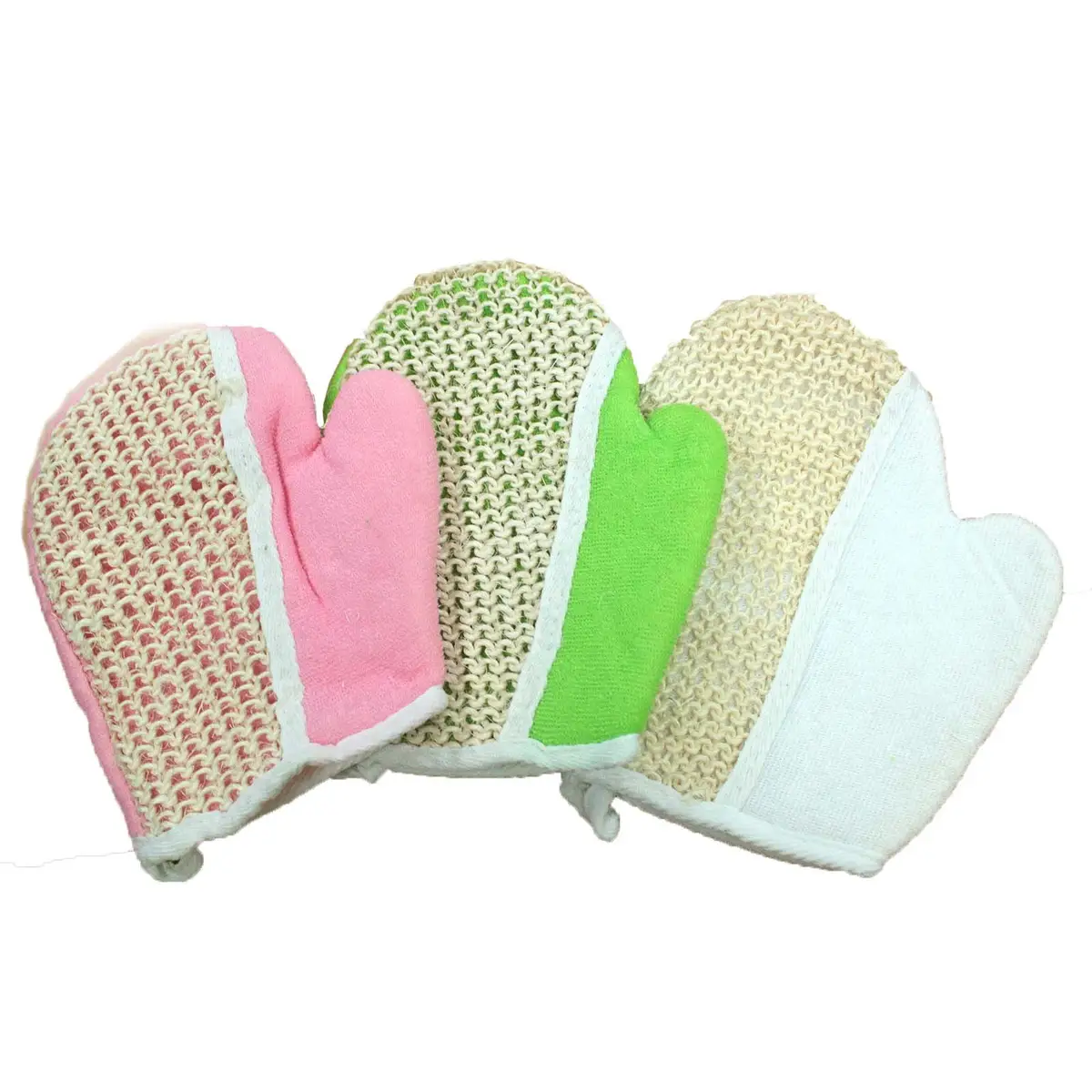 Tre exfolierande handskar i jute i rosa, grön och vit färg