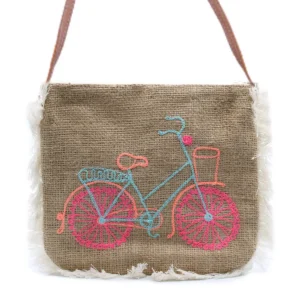 Fab Fringe-väska i jute med handbroderat cykelmotiv och vit franskant