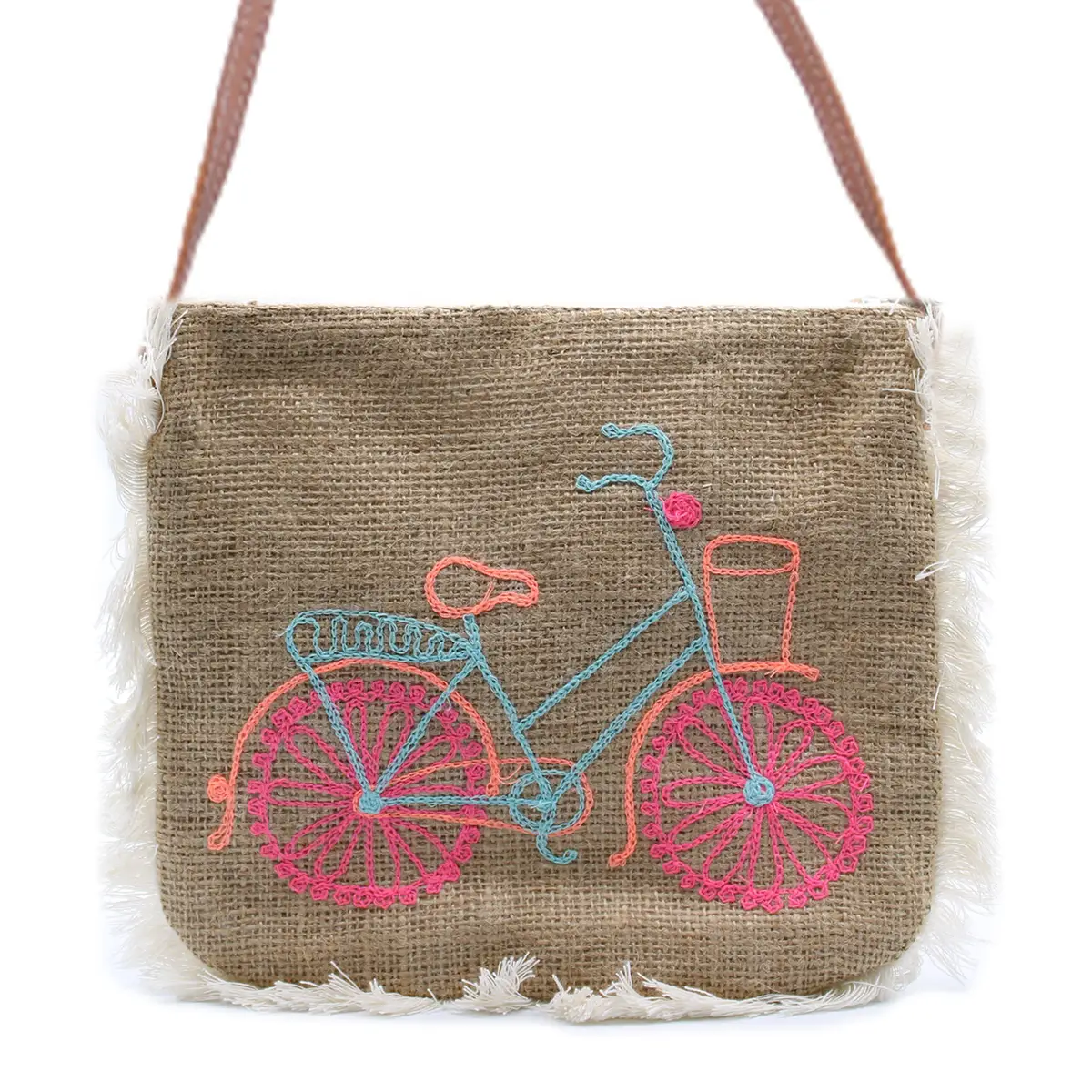 Fab Fringe-väska i jute med handbroderat cykelmotiv och vit franskant