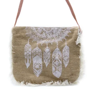 Fab Fringe-väska i jute med vitt drömfångarmotiv och vit franskant