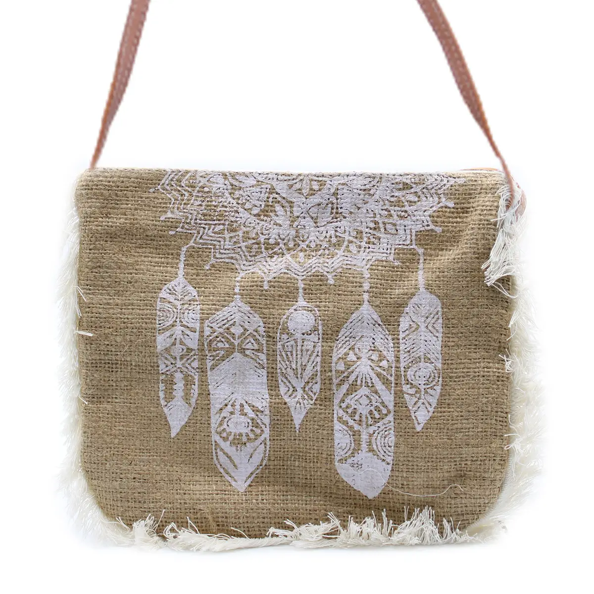 Fab Fringe-väska i jute med vitt drömfångarmotiv och vit franskant