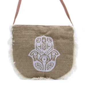 Fab Fringe-väska i jute med vitt Hamsa-tryck och vit franskant