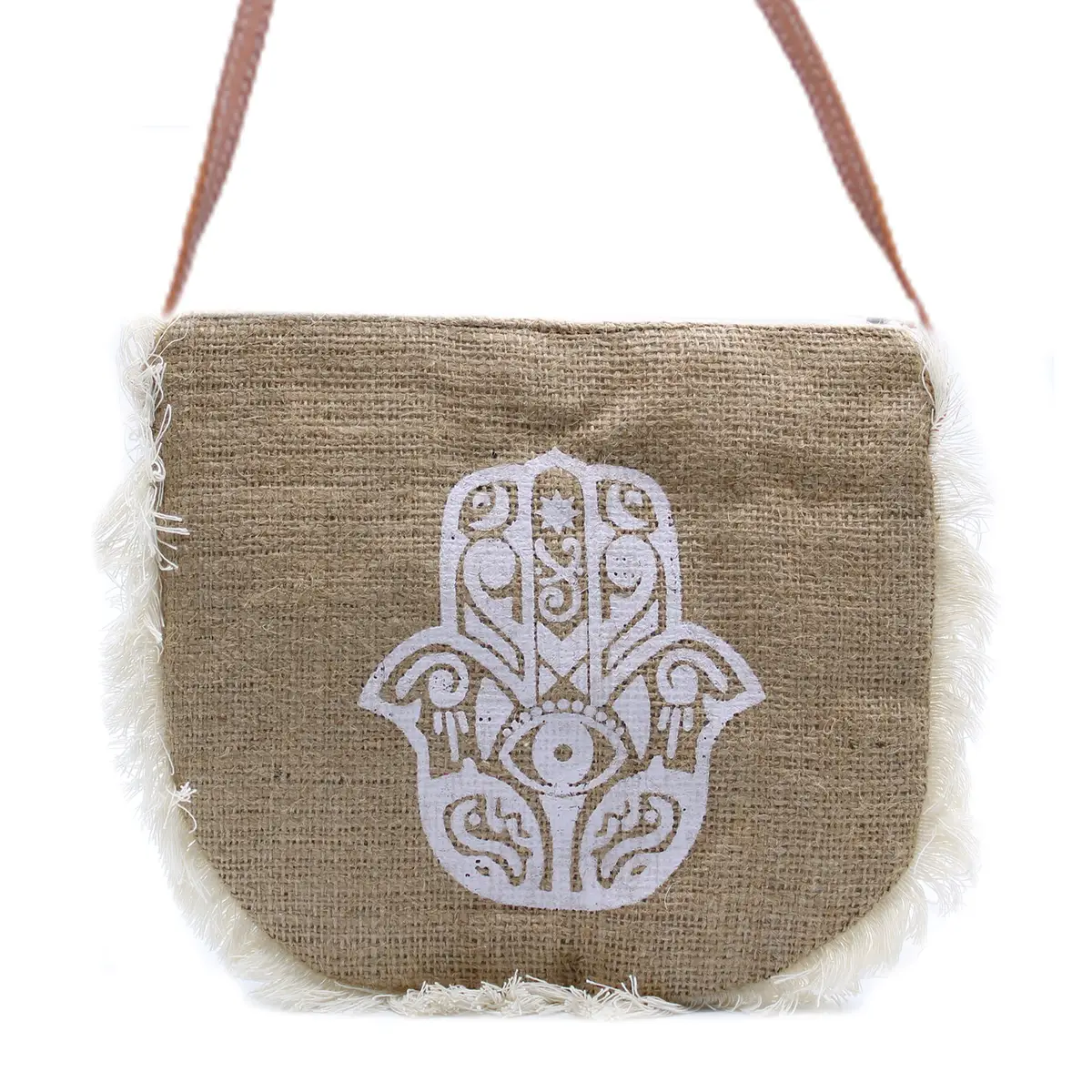 Fab Fringe-väska i jute med vitt Hamsa-tryck och vit franskant