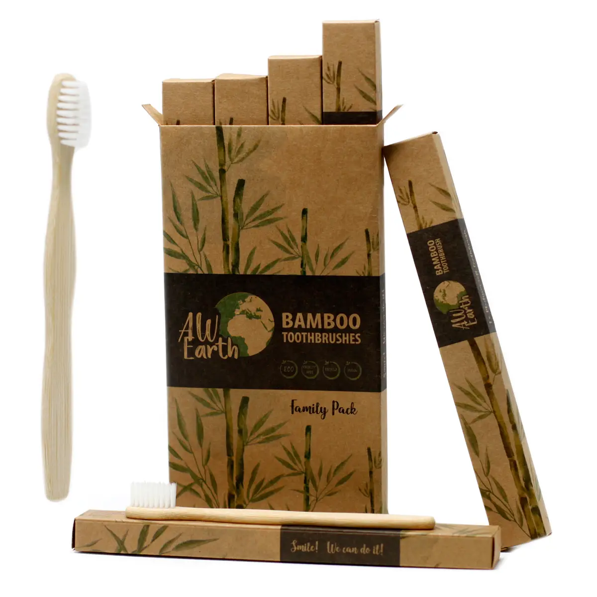 Förpackning med bambutandborstar och en tandborste i bambu med vita borststrån