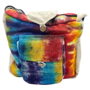 Färgglad studieväska i hampa och bomull med framficka i tie-dye-mönster