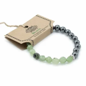 Fasetterat armband med gröna jadepärlor och mörka magnetiska hematitpärlor på vit bakgrund