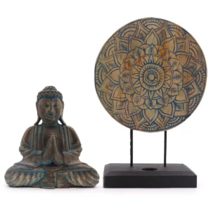 Feng Shui Buddha-set i blått trä med blommandala på stativ