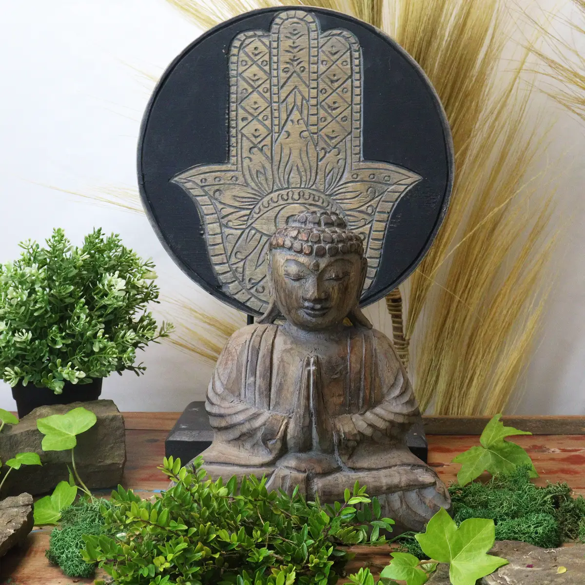 Feng Shui Buddha-set med Hamsa i grått trä - produktbild 3
