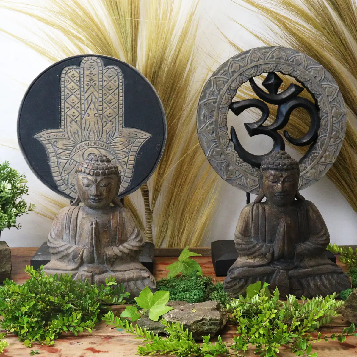 Feng Shui Buddha-set med Hamsa i grått trä - produktbild 5