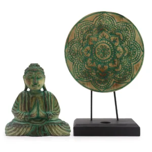 Grönt Feng Shui Buddha-set med Buddhafigur och mandala på stativ