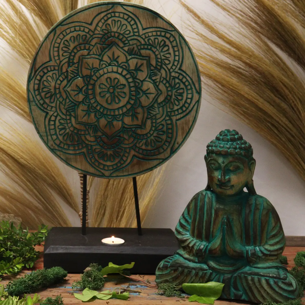 Feng Shui Buddha-set med mandala i grön färg - produktbild 2