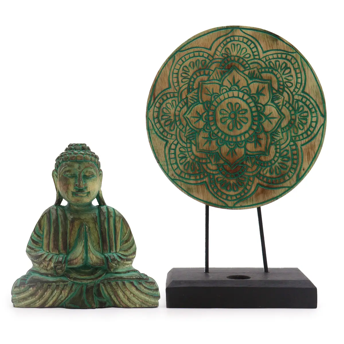 Grönt Feng Shui Buddha-set med Buddhafigur och mandala på stativ