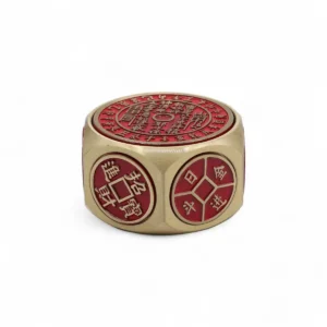 Feng Shui lyckohjul i röd och mässingsfärgad metall med kinesiska symboler och kalender