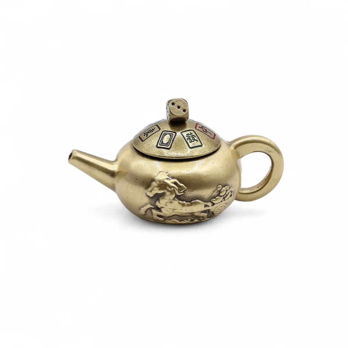 Mässingskanna med hästmotiv och tärning på locket för Feng Shui