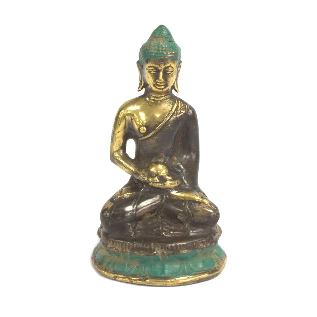 Mässingsfigur föreställande en mediterande Buddha med gröna detaljer