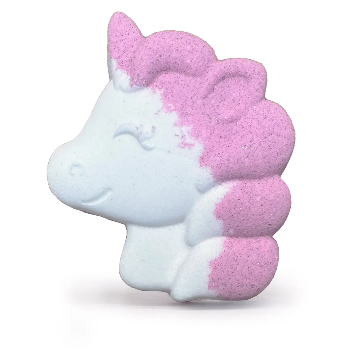 Formad badbomb i form av en enhörning med rosa och vit färg