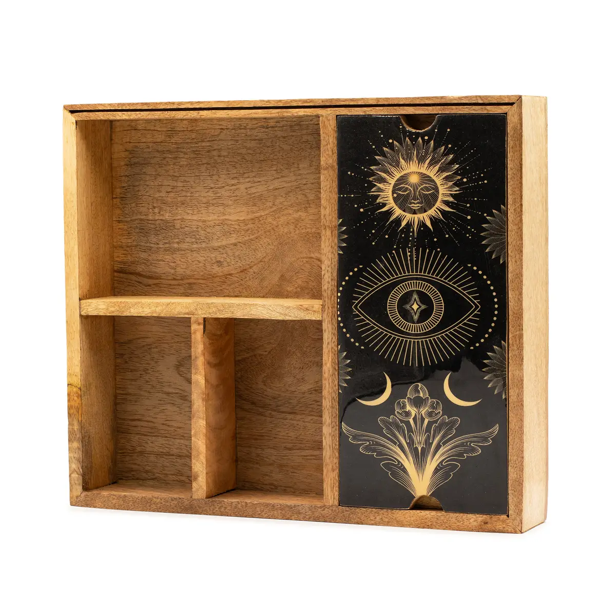 Förvaringsbox i mangoträ med fyra fack och dekorativt kortställ för tarotkort