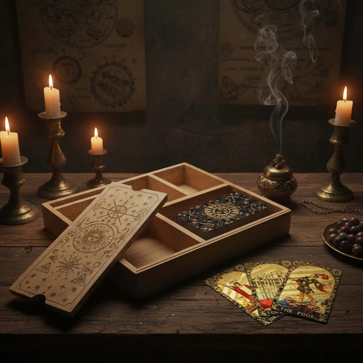 Förvaringsbox för tarotkort med fyra fack och kortställ - produktbild 6