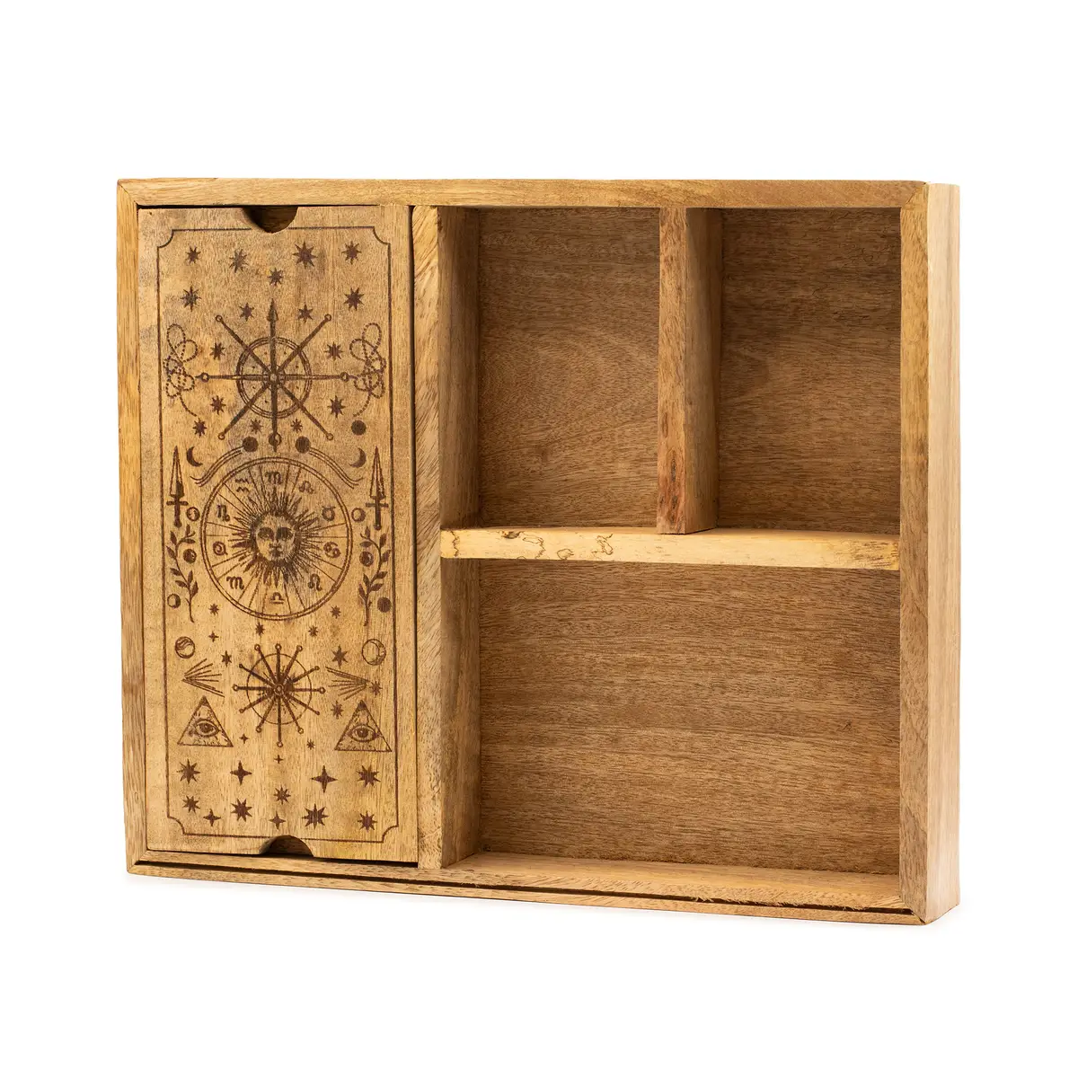 Träförvaringsbox med fyra fack och graverade esoteriska symboler för tarotkort