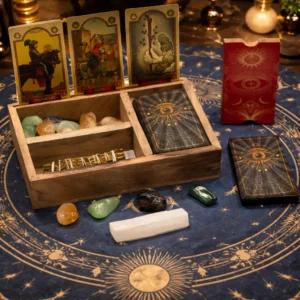 Förvaringsbox i mangoträ med tre fack och kortställ - produktbild 6