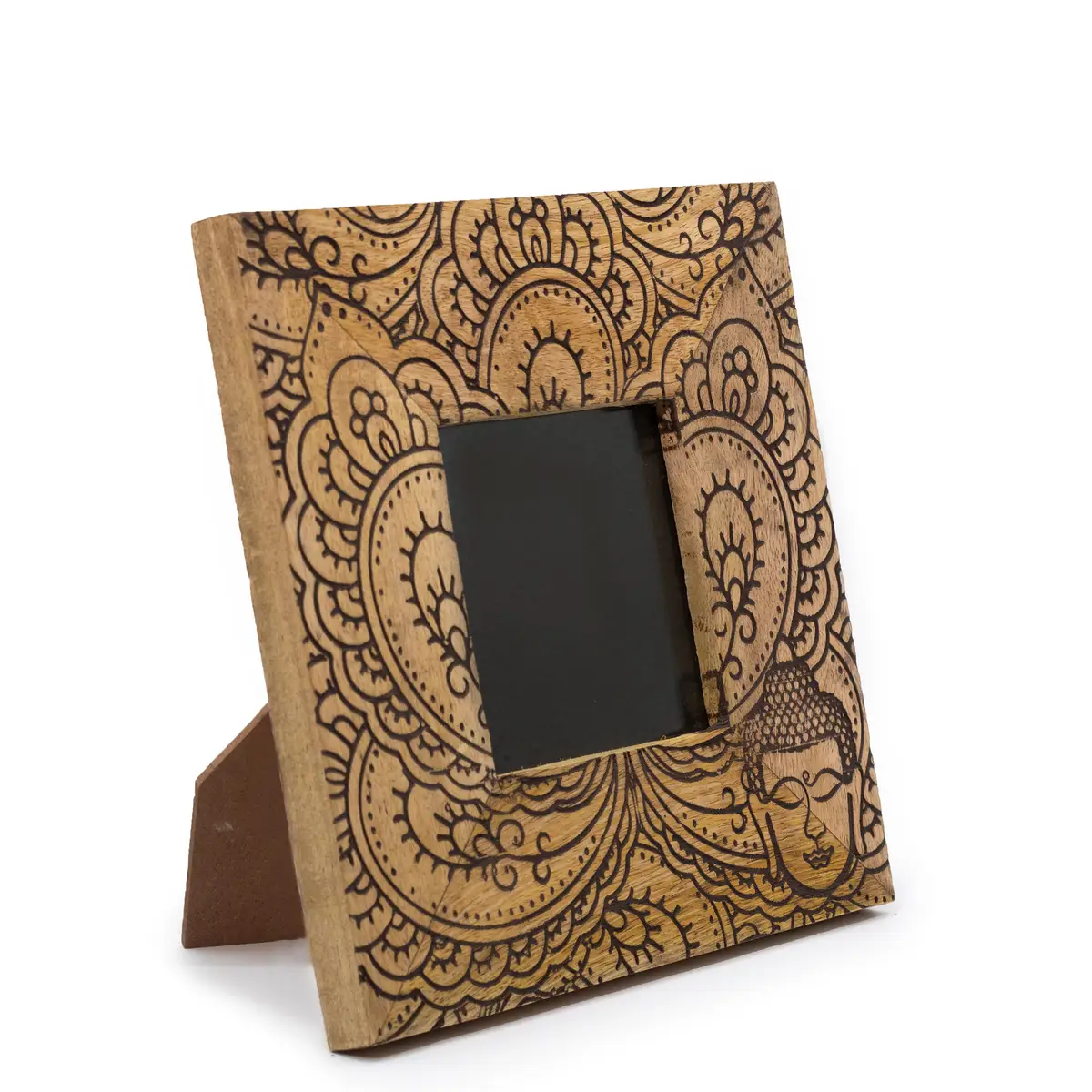 Fotoram i mangoträ med handgraverat Buddha-motiv och plats för 10x15 cm foto