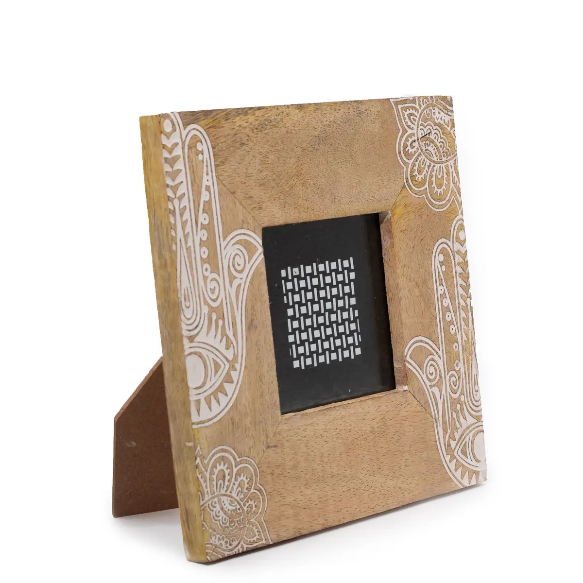 Fotoram i mangoträ med vitt Hamsa-motiv och stödben, 20x20x2 cm