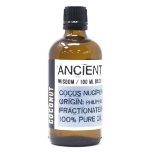 Flaska med fraktionerad kokosolja 100 ml med etikett från Ancient Wisdom