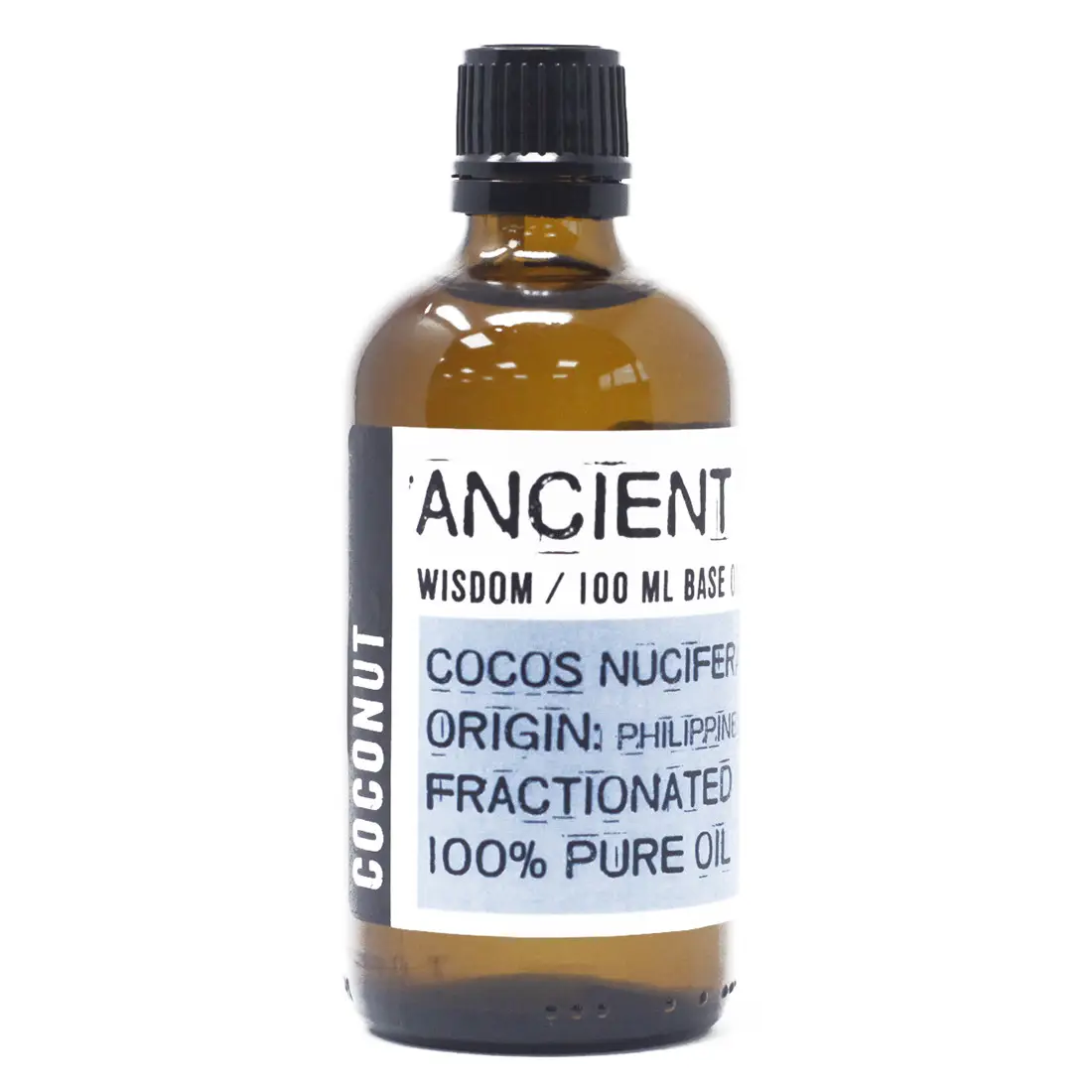 Flaska med fraktionerad kokosolja 100 ml med etikett från Ancient Wisdom