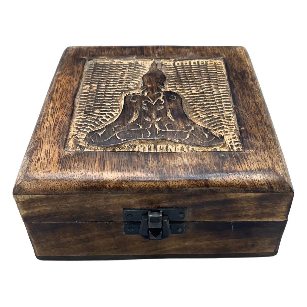 Fyrkantig träask med handsnidat Buddha-motiv på locket