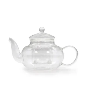 Rund glaskanna med infuser för te i klart glas