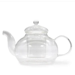 Rund glaskanna med infuser för te i klart glas med pärlemorskimrande finish