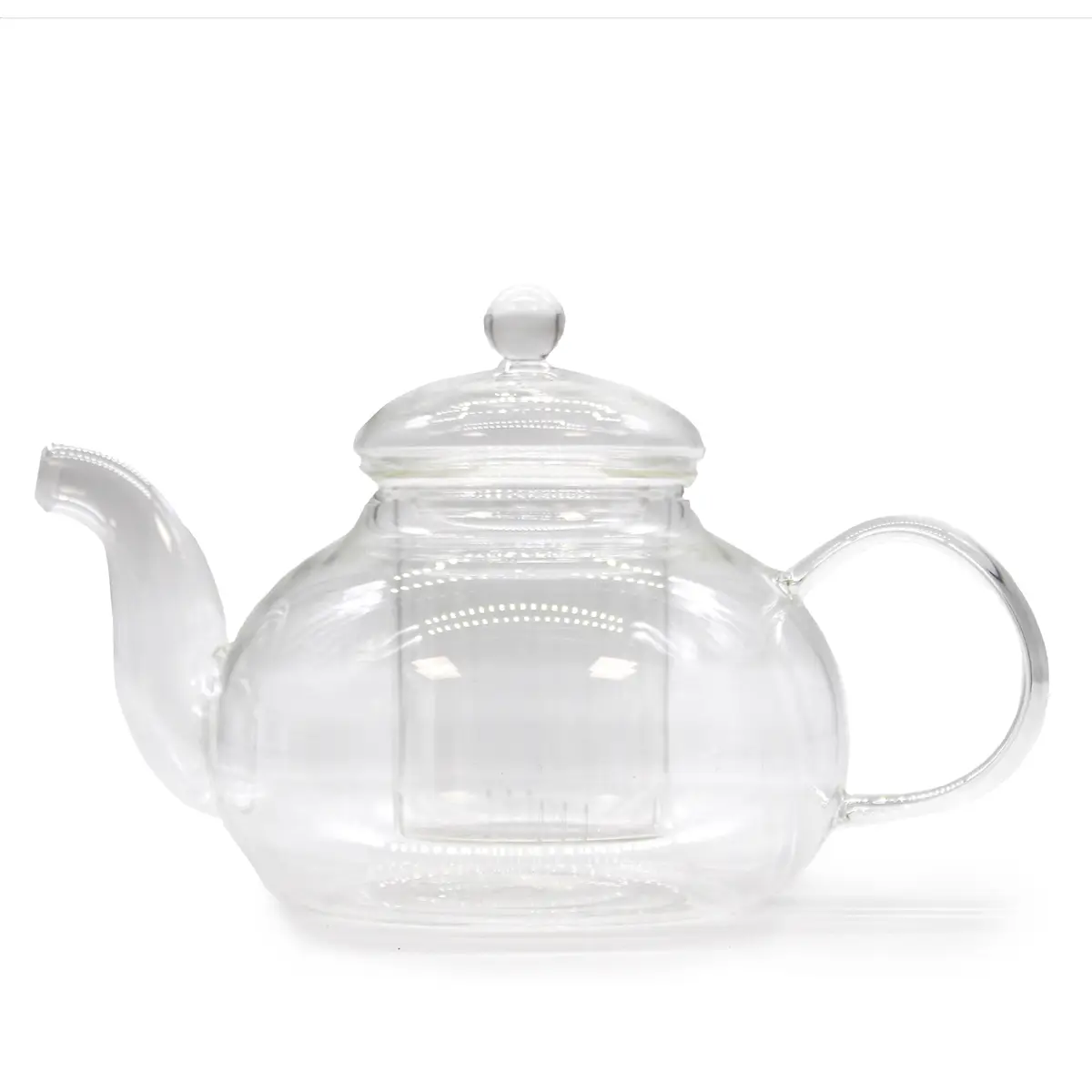 Rund glaskanna med infuser för te i klart glas med pärlemorskimrande finish