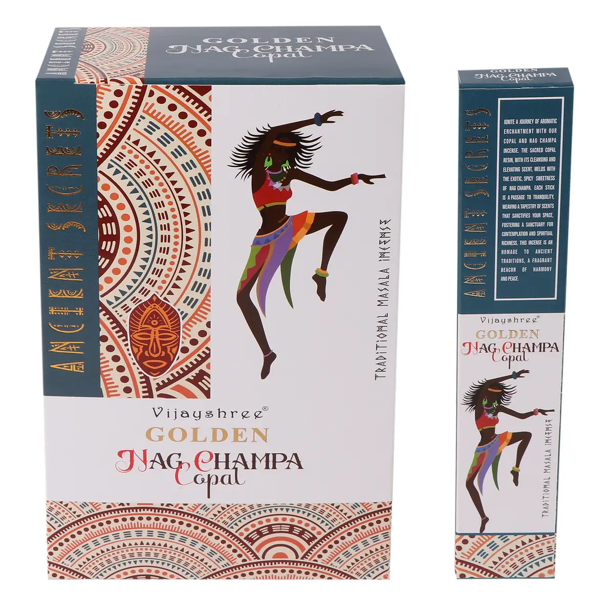 Förpackning med Golden Copal och Nag Champa rökelsepinnar med färgstark design och dansande figur