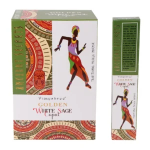 Förpackning med Golden Copal och Vit Salvia rökelsepinnar med färgstark afrikansk design
