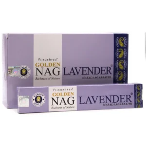 Förpackning med Golden Nag lavendel rökelsepinnar i lila och vit design