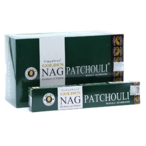 Förpackning och paket med Golden Nag Patchouli rökelsepinnar