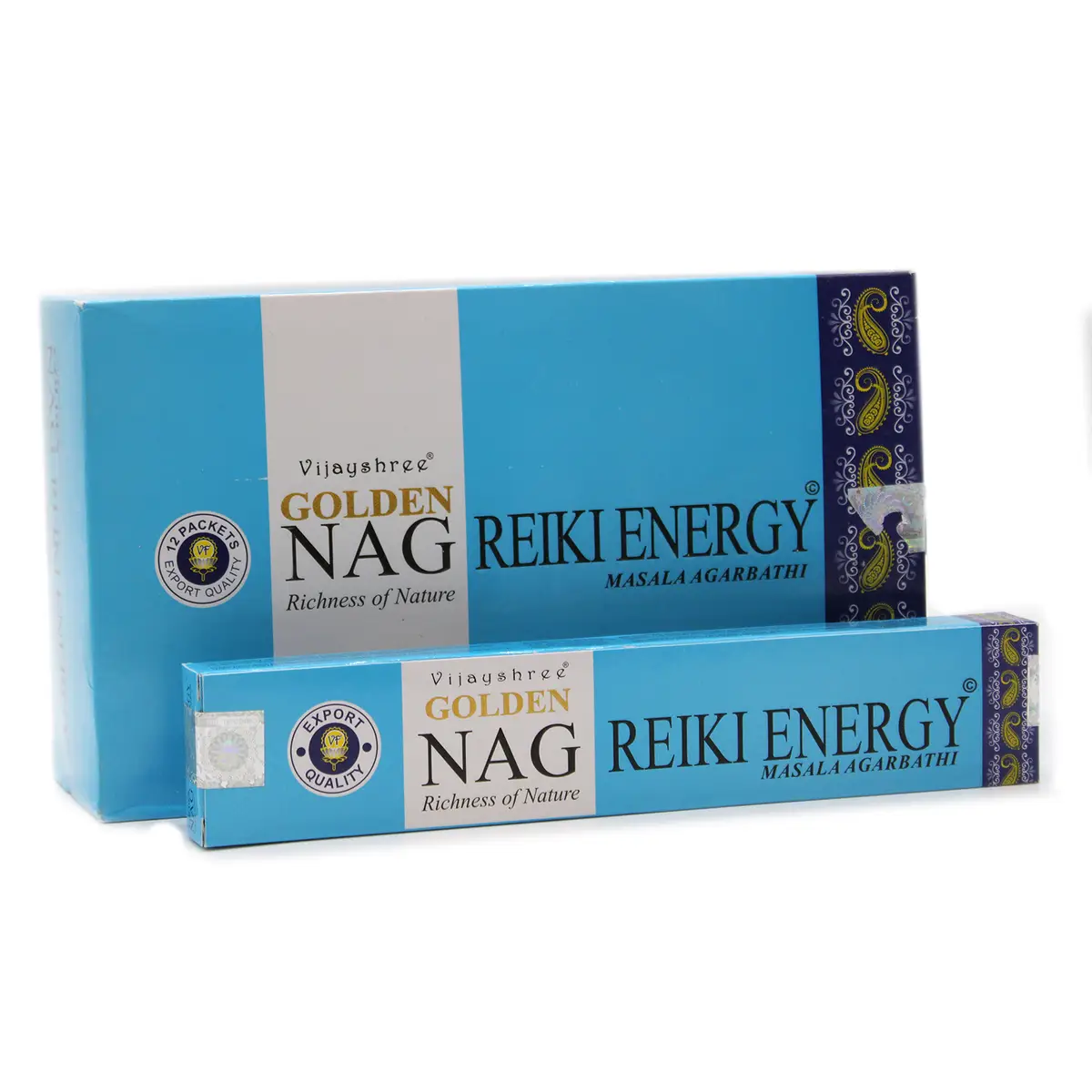 Förpackningar med Golden Nag Reiki Energy rökelsepinnar i blått och vitt