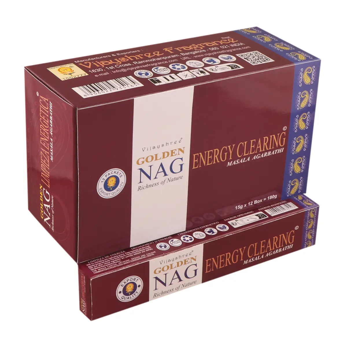 Förpackning med Golden Nag Energy Clearing rökelsepinnar i röd och blå design