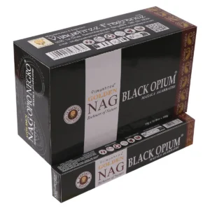 Förpackning med Golden Nag rökelsepinnar Black Opium i svart och guld design
