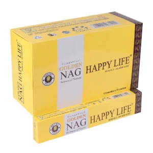 Förpackning med Golden Nag-rökelsepinnar Happy Life i gul färg