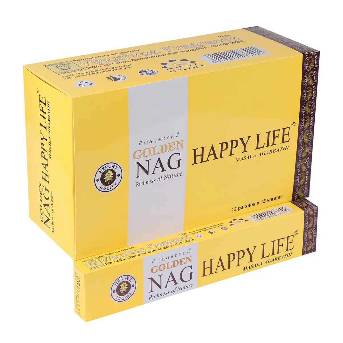 Förpackning med Golden Nag-rökelsepinnar Happy Life i gul färg