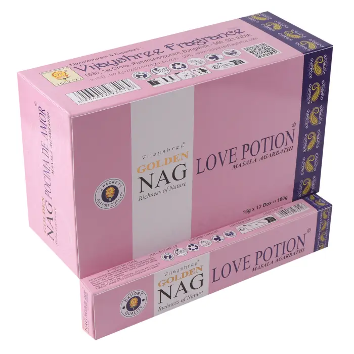 Förpackning med Golden Nag rökelsepinnar Love Potion i rosa och lila färger