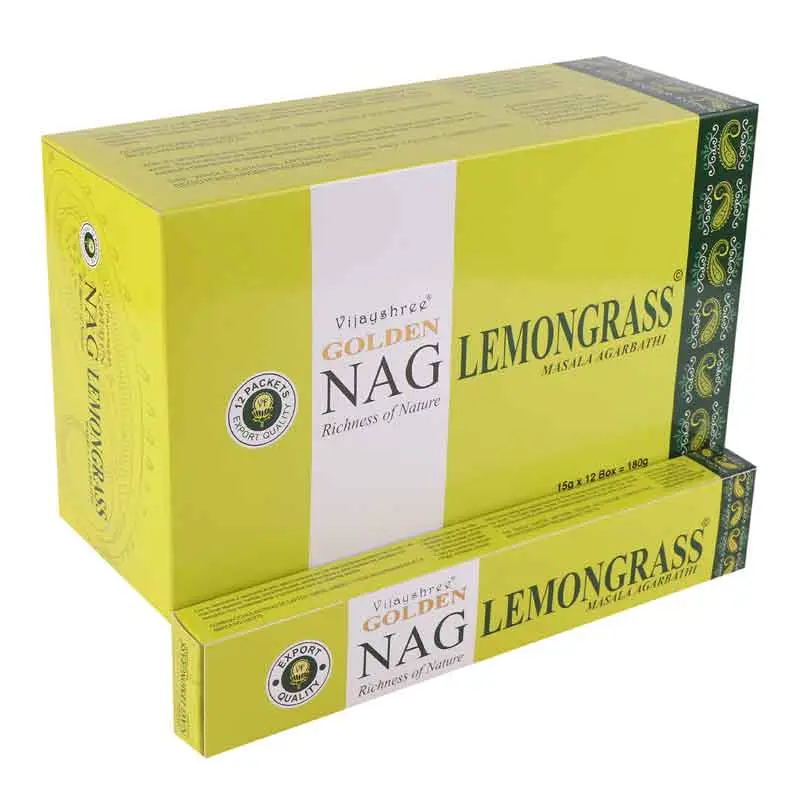 Förpackning och ask med Golden Nag-rökelsepinnar med citrongräsdoft