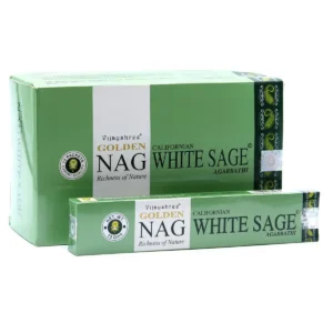 Förpackning och paket med Golden Nag-rökelsepinnar med vit salvia