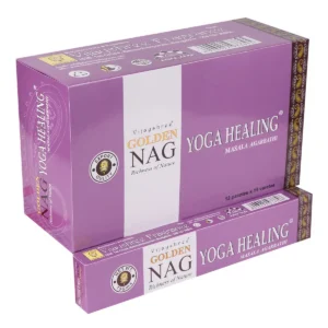 Förpackning med Golden Nag-rökelsepinnar Yoga Healing i lila färg