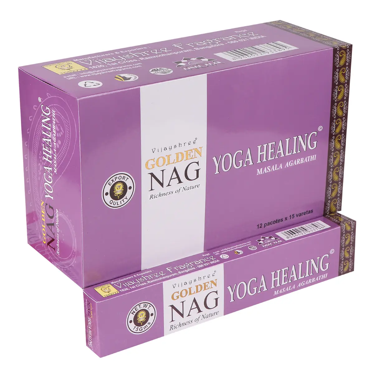 Förpackning med Golden Nag-rökelsepinnar Yoga Healing i lila färg