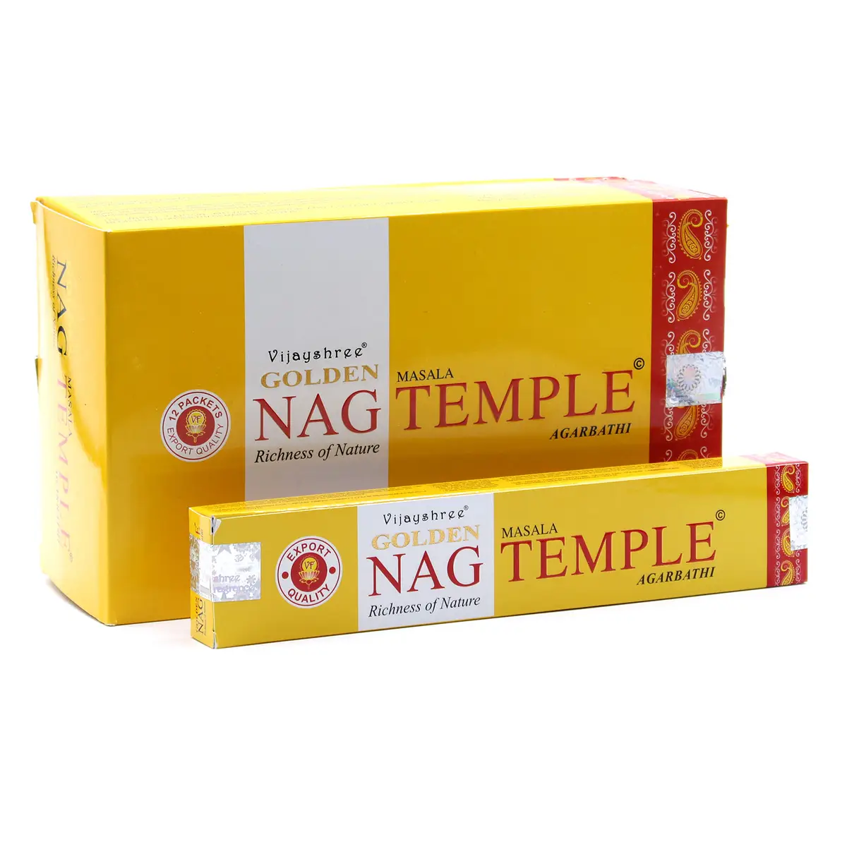 Förpackning med Golden Nag Temple rökelsepinnar i gul låda